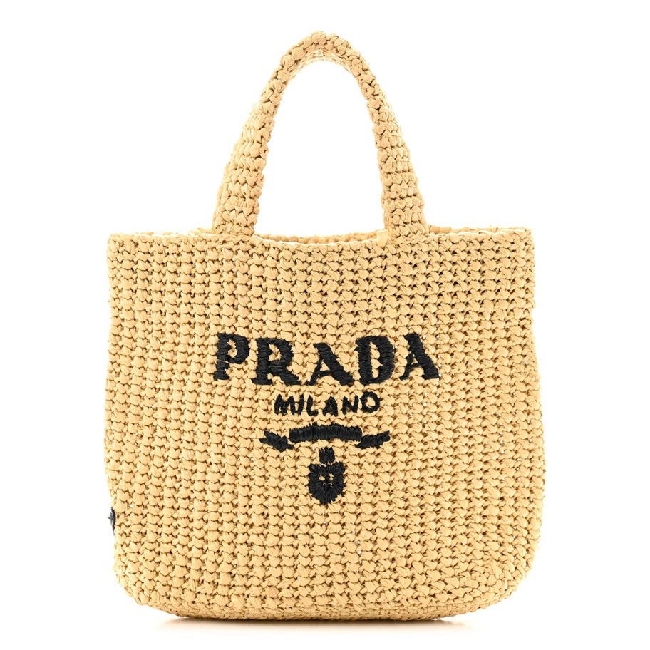 Prada Yarn Raffia Effect Crochet Embroidered Small Logo Tote Naturale Image 1