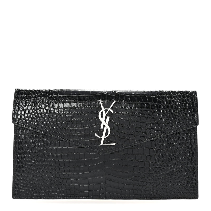  Saint Laurent Calfskin Crocodile Embossed Uptown Monogram Clutch Black