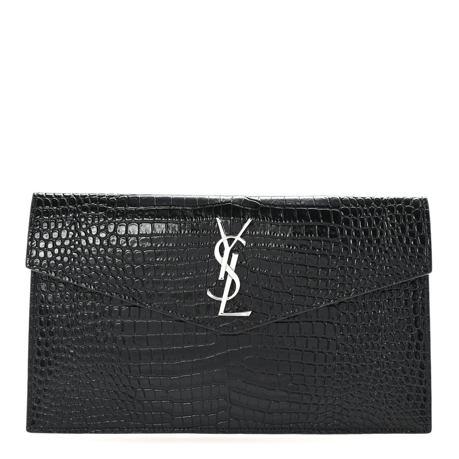 Saint Laurent Calfskin Crocodile Embossed Uptown Monogram Clutch Black Image 1