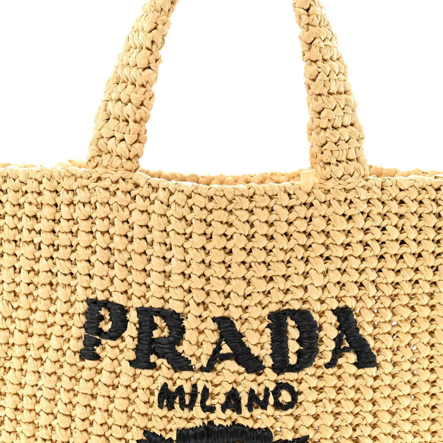 Prada Yarn Raffia Effect Crochet Embroidered Small Logo Tote Naturale Image 7