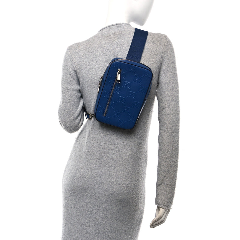  Gucci Calfskin GG Tennis Embossed Sling Backpack Blue