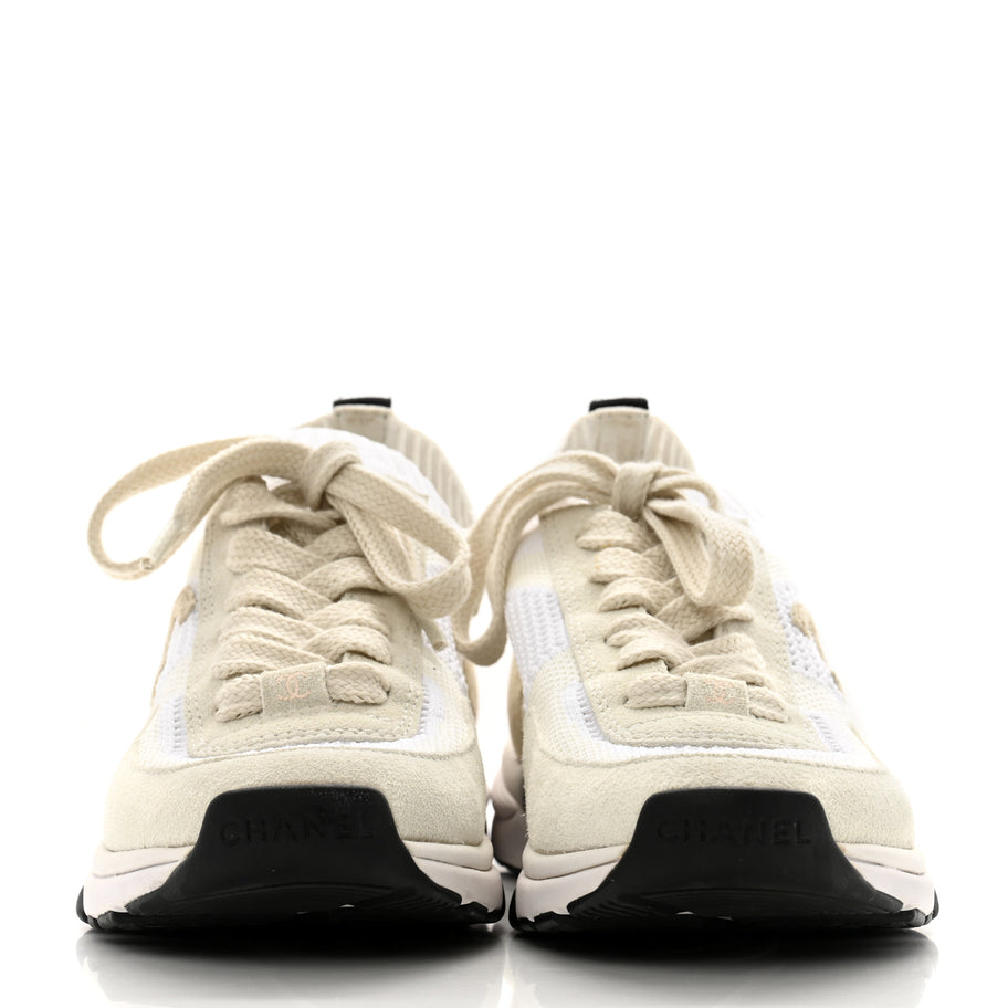 Chanel Mesh Suede Fabric Womens CC Sneakers 36 White Ivory Light Beige Image 3