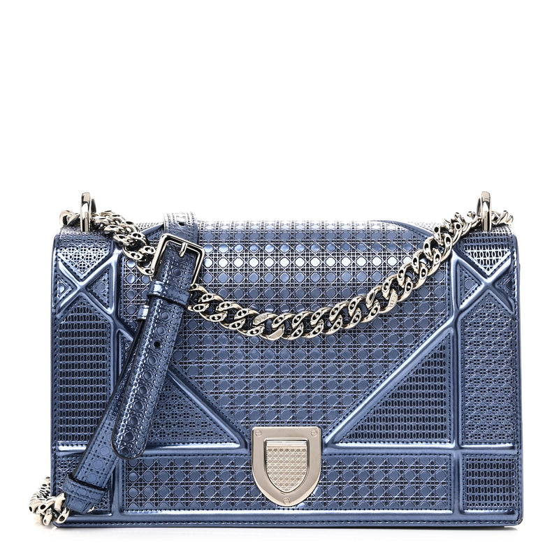  Christian Dior Patent Micro-Cannage Medium Diorama Flap Bag Blue