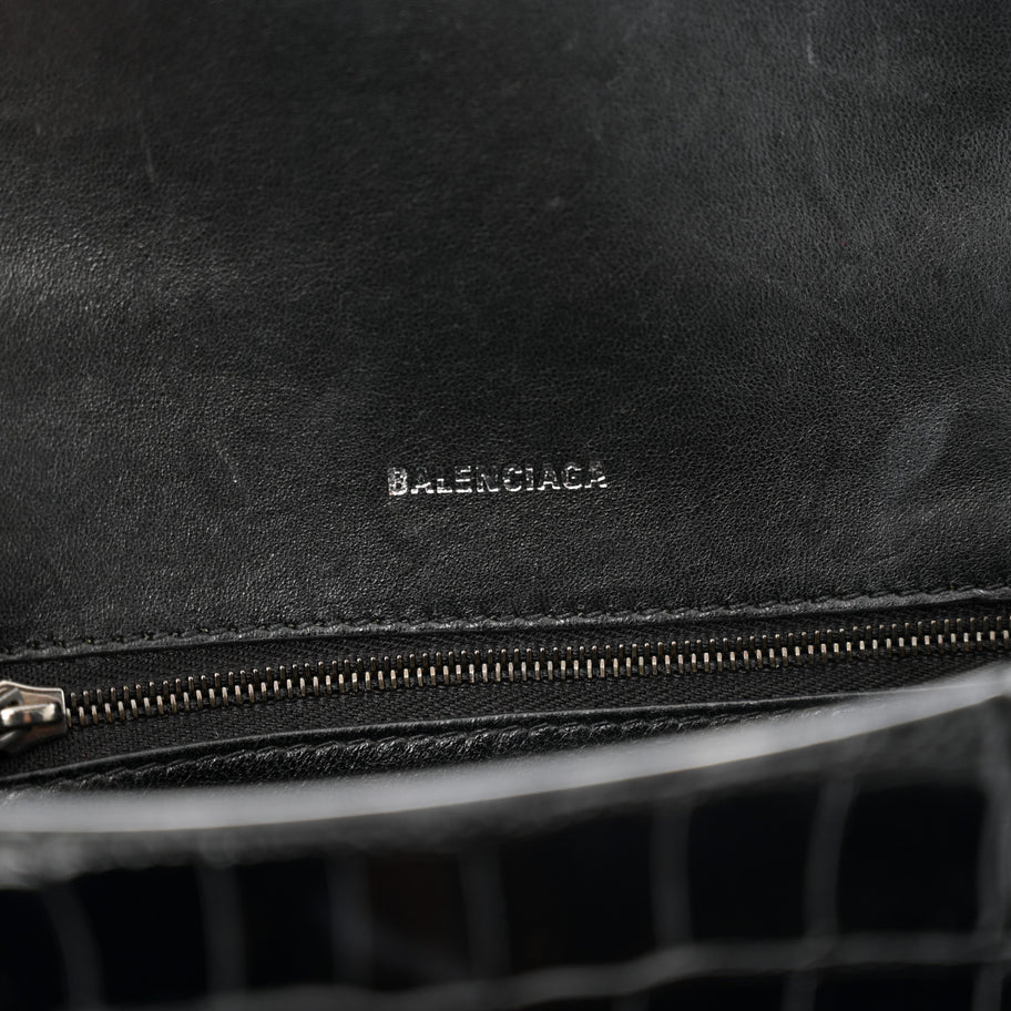 Balenciaga Shiny Calfskin Monochrome Crocodile Embossed Small Hourglass Top Handle Bag Black Image 5