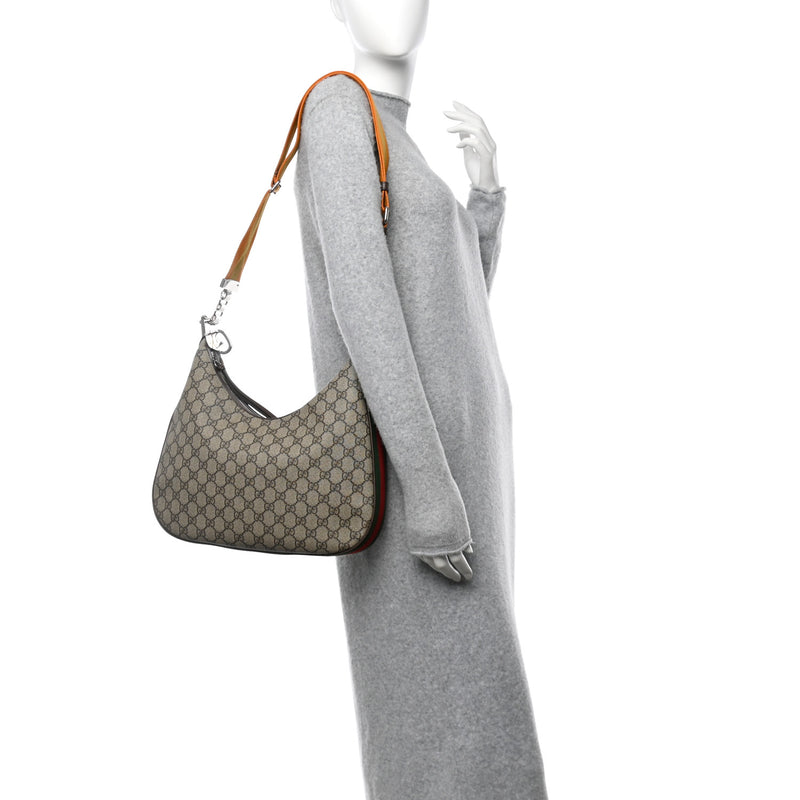  Gucci GG Supreme Monogram Textured Calfskin Web Large Attache Shoulder Bag Beige Ebony New Acero