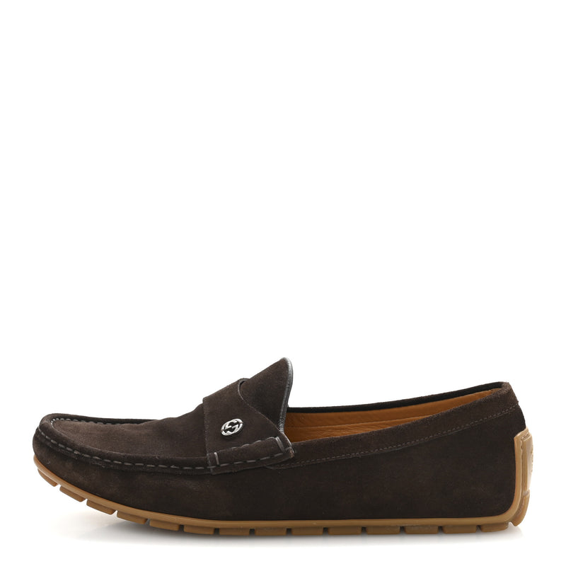 Gucci Suede Mens InterLocking G Driver Loafers 8 Cocoa