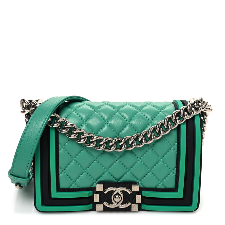 Chanel Lambskin Rubber Quilted Small Tone Boy Flap Green Black Image 1