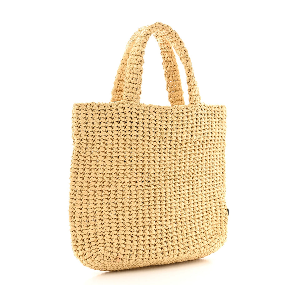Prada Yarn Raffia Effect Crochet Embroidered Small Logo Tote Naturale Image 3
