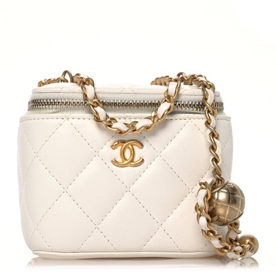  Chanel Lambskin Quilted Pearl Crush Mini Vanity Case With Chain White