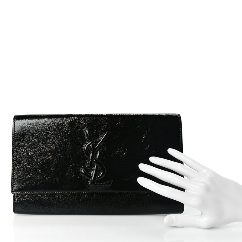  Saint Laurent Textured Patent Monogram Large Belle De Jour Clutch Black