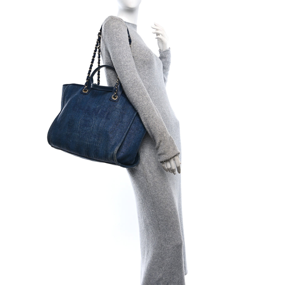 Chanel Mixed Fibers Striped Medium Deauville Tote Navy Blue Image 2