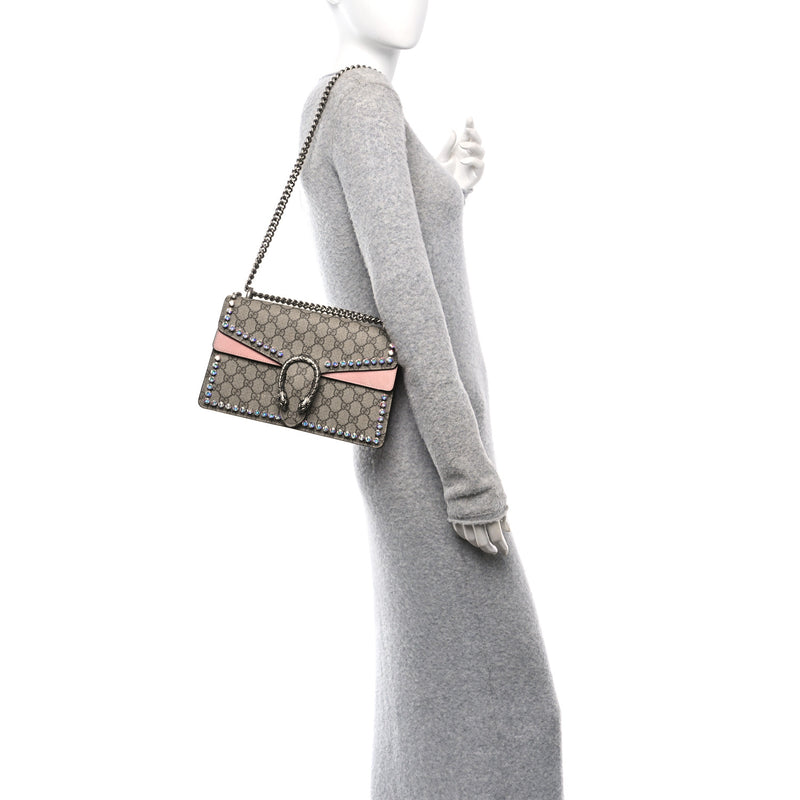  Gucci GG Supreme Monogram Suede Crystal Small Dionysus Shoulder Bag Beige Ebony Light Peonia