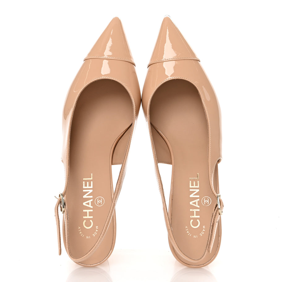Chanel Patent Calfskin Cap Toe CC Slingback Pumps 38 Beige Image 2