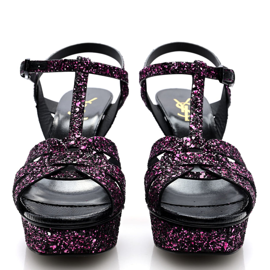 Saint Laurent Glitter Calfskin Ayers Tribute 75 Platform Sandals 38 Black Fuchsia Image 3