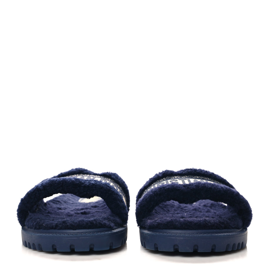 Christian Dior Shearling Canvas Lurex Embroidered Dway 10mm Slide Sandals 41 Navy Natural Image 3