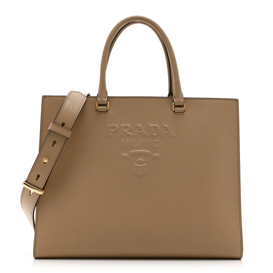 Prada Saffiano Lux Logo Embossed Large Shoulder Tote Handbag Beige Image 1