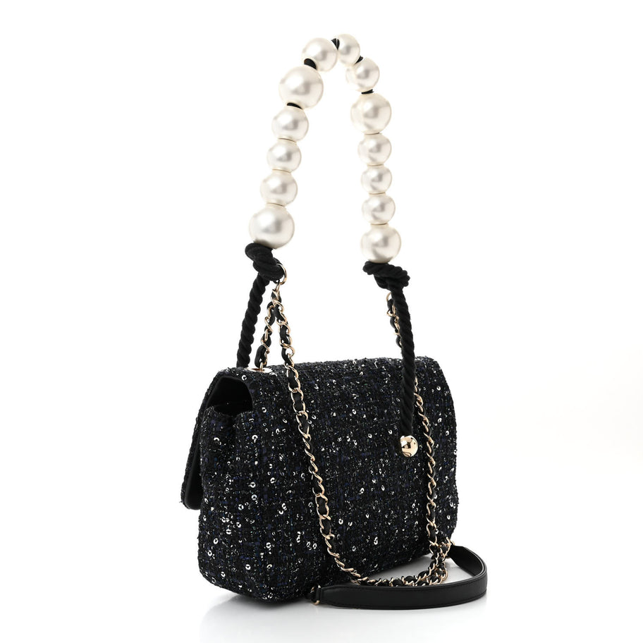 Chanel Tweed Medium Pearl Handle Flap Black Ecru Image 3