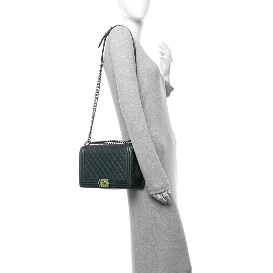 Chanel Iridescent Goatskin Quilted New Medium Boy Flap Green Image 2