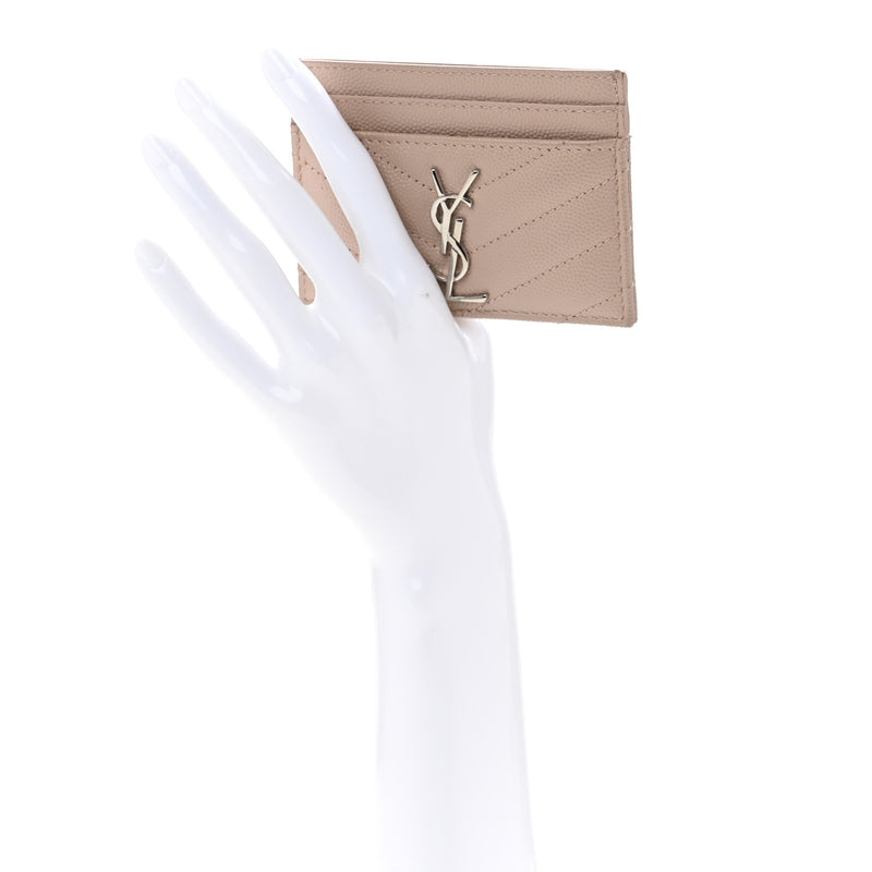  Saint Laurent Grain De Poudre Matelasse Chevron Monogram Credit Card Case Pale Pink