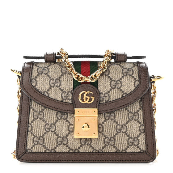 Gucci GG Supreme Monogram Textured Dollar Calfskin Web Mini Ophidia Padlock Top Handle Chain Shoulder Bag Beige Ebony New Acero Image 1