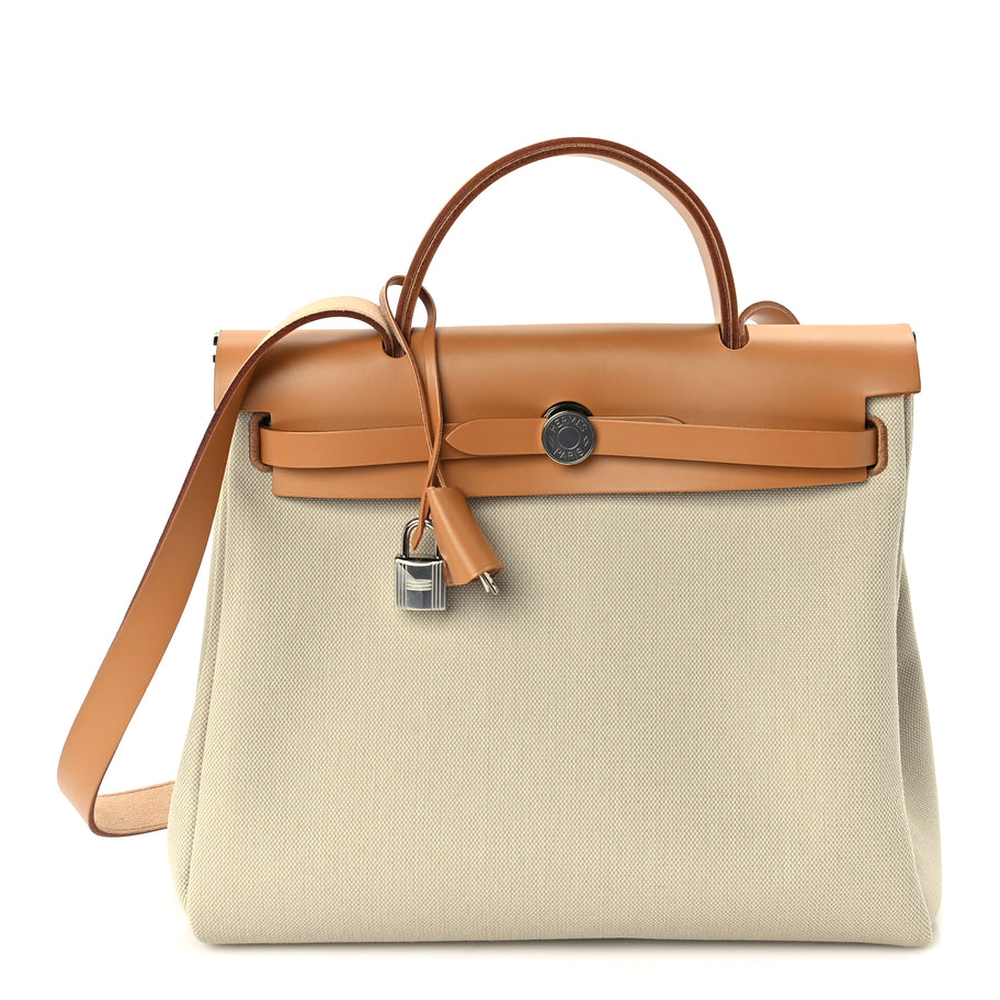 Hermes Military Toile Vache Hunter Herbag Zip Retourne 31 PM Beton Naturel Image 1