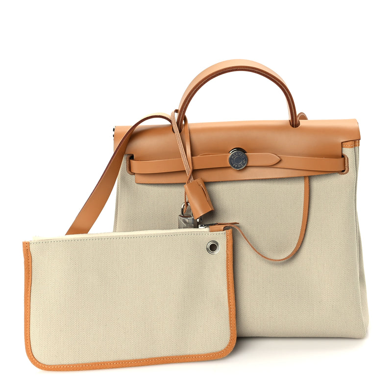  Hermes Military Toile Vache Hunter Herbag Zip Retourne 31 PM Beton Naturel