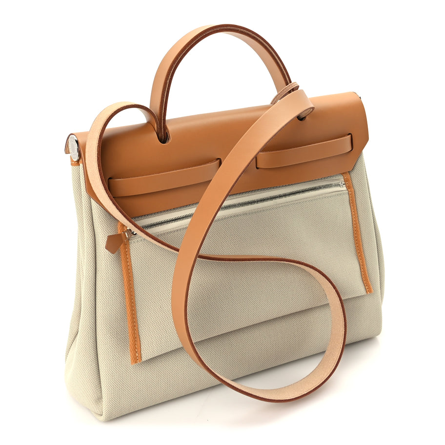 Hermes Military Toile Vache Hunter Herbag Zip Retourne 31 PM Beton Naturel Image 3
