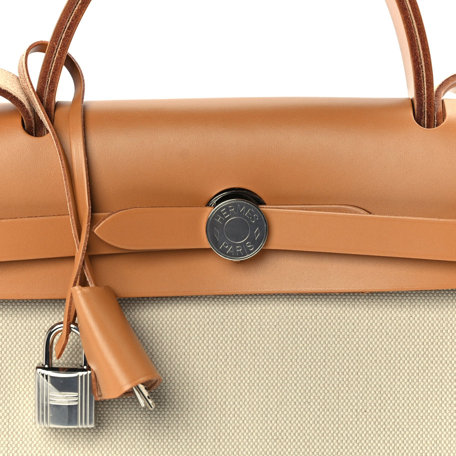 Hermes Military Toile Vache Hunter Herbag Zip Retourne 31 PM Beton Naturel Image 8