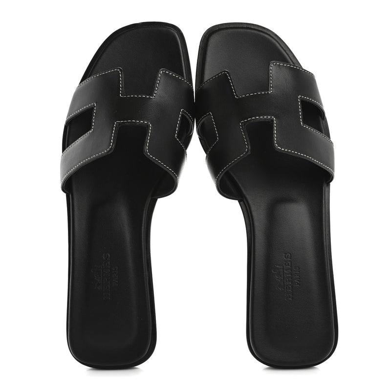  Hermes Box Calfskin Oran Sandals 36.5 Black