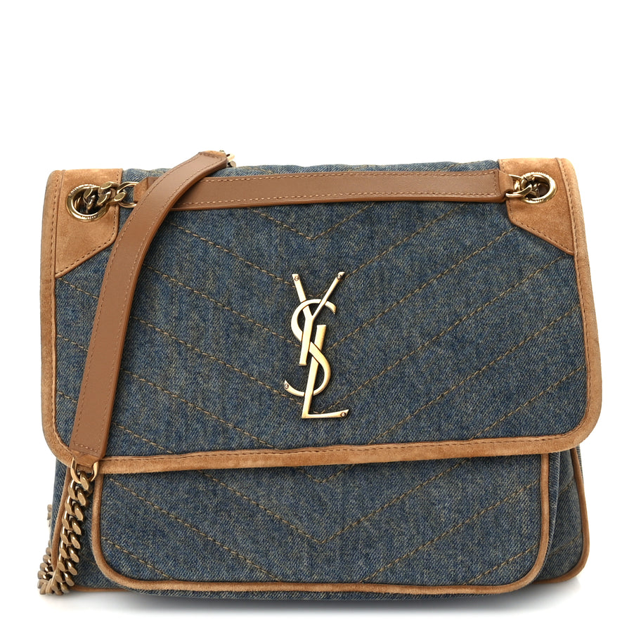 Saint Laurent Denim Suede Monogram Medium Niki Chain Satchel  Blue Cinnamon Image 1