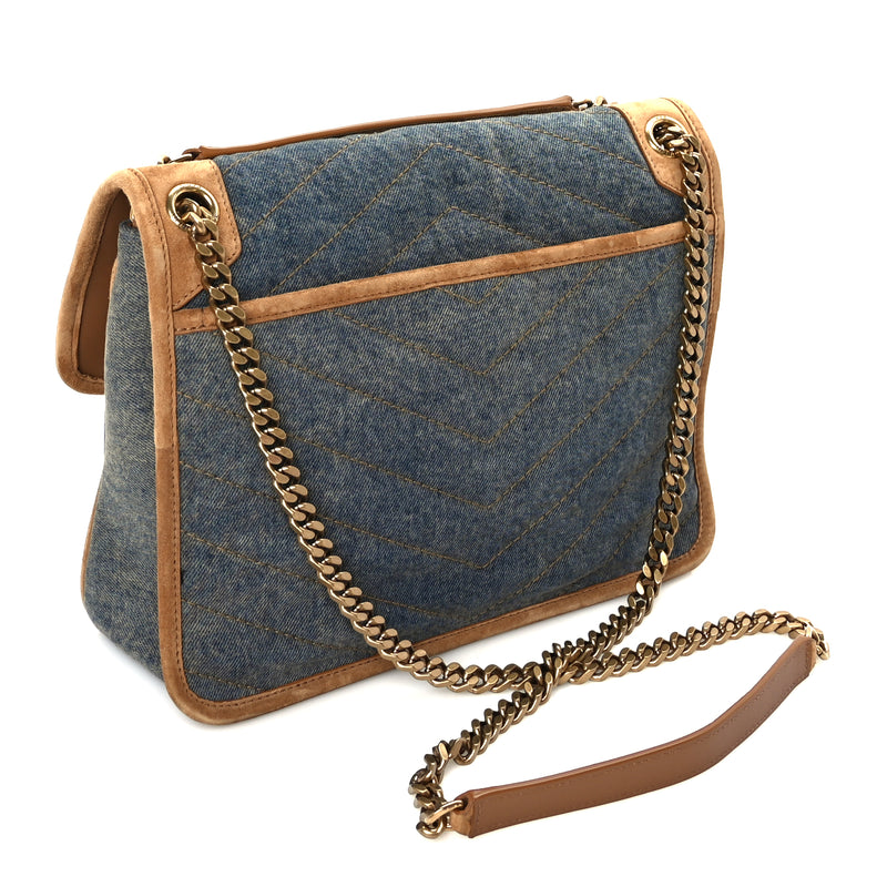  Saint Laurent Denim Suede Monogram Medium Niki Chain Satchel  Blue Cinnamon
