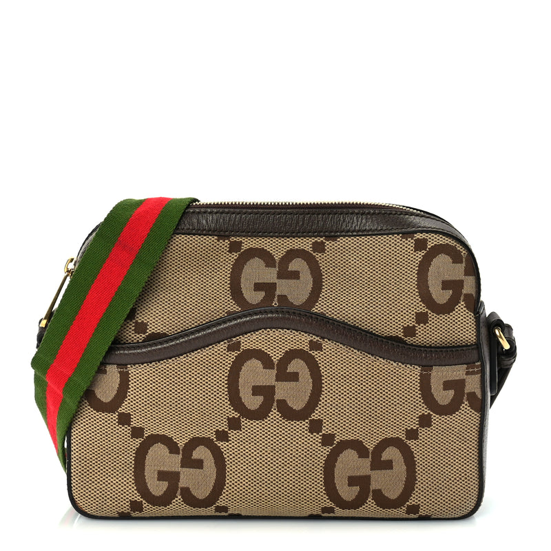  Gucci Monogram Jumbo GG Textured Dollar Calfskin Web Messenger Shoulder Bag Camel Ebony New Acero