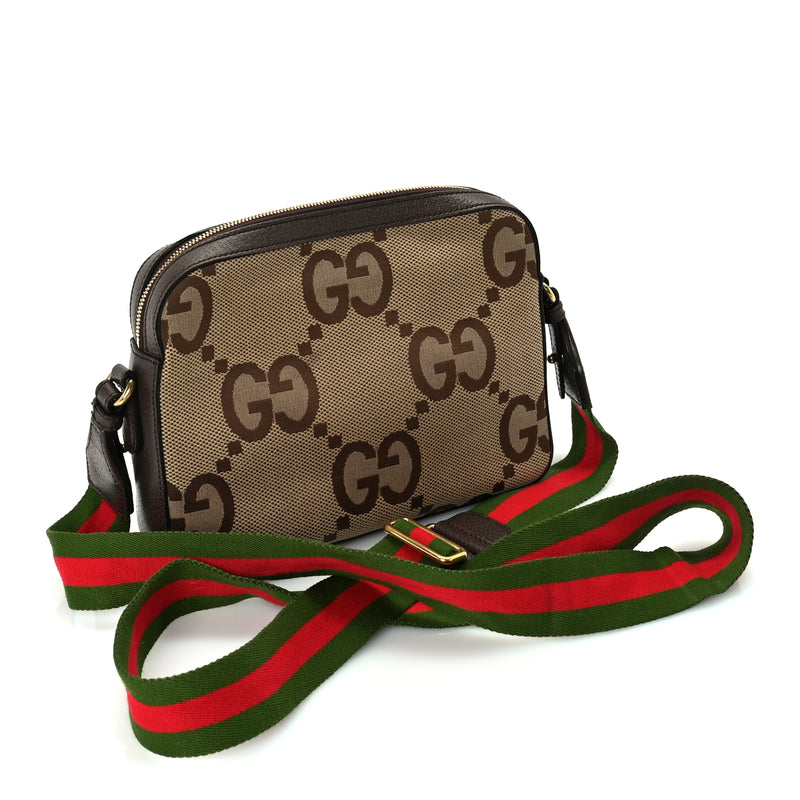  Gucci Monogram Jumbo GG Textured Dollar Calfskin Web Messenger Shoulder Bag Camel Ebony New Acero