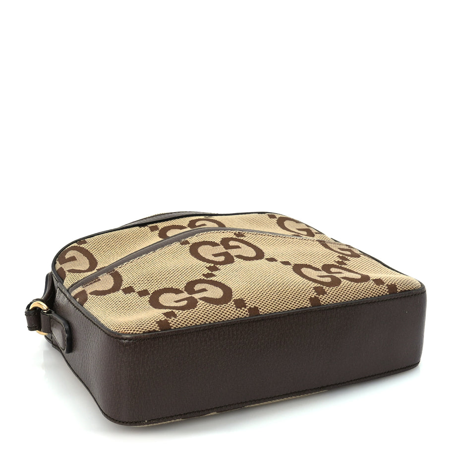 Gucci Monogram Jumbo GG Textured Dollar Calfskin Web Messenger Shoulder Bag Camel Ebony New Acero Image 3
