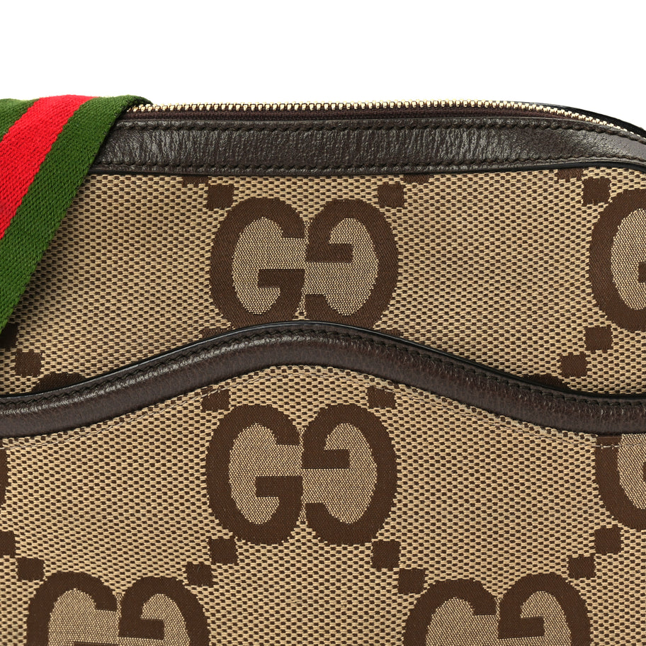 Gucci Monogram Jumbo GG Textured Dollar Calfskin Web Messenger Shoulder Bag Camel Ebony New Acero Image 6