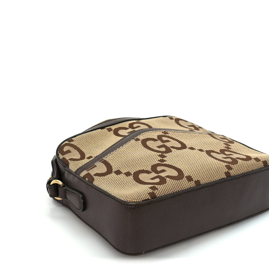Gucci Monogram Jumbo GG Textured Dollar Calfskin Web Messenger Shoulder Bag Camel Ebony New Acero Image 7