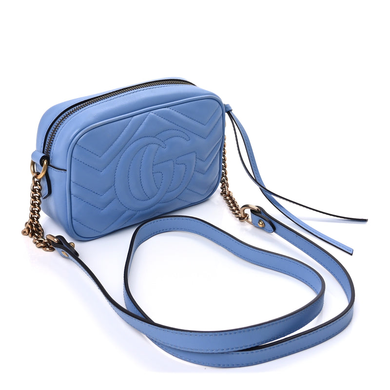  Gucci Calfskin Matelasse Mini GG Marmont Chain Shoulder Bag Clear Sky Blue