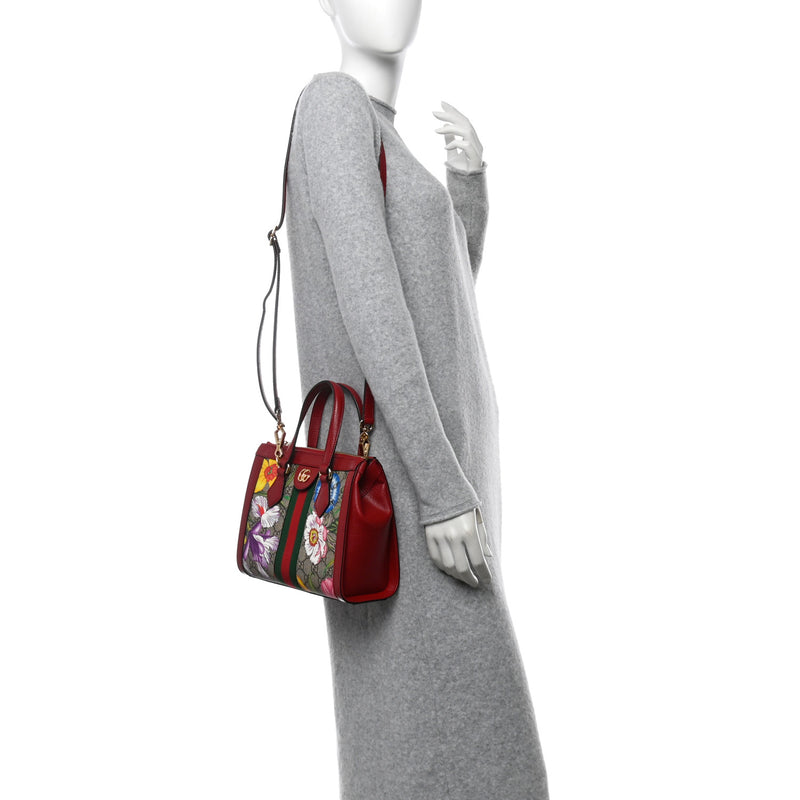 Gucci GG Supreme Monogram Flora Web Small Ophidia Tote Bag Red