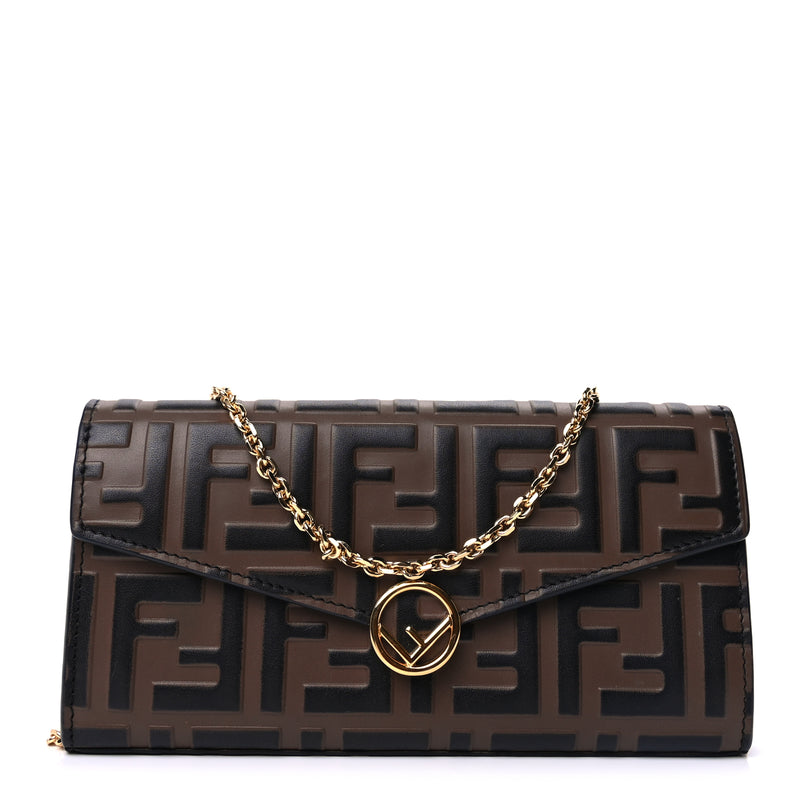  Fendi Vitello Soft F is Fendi Bi-Color FF 1974 Embossed Continental Envelope Wallet On Chain Maya Black