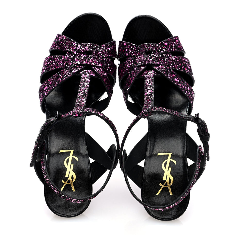 Saint Laurent Glitter Calfskin Ayers Tribute 75 Platform Sandals 38 Black Fuchsia Image 6