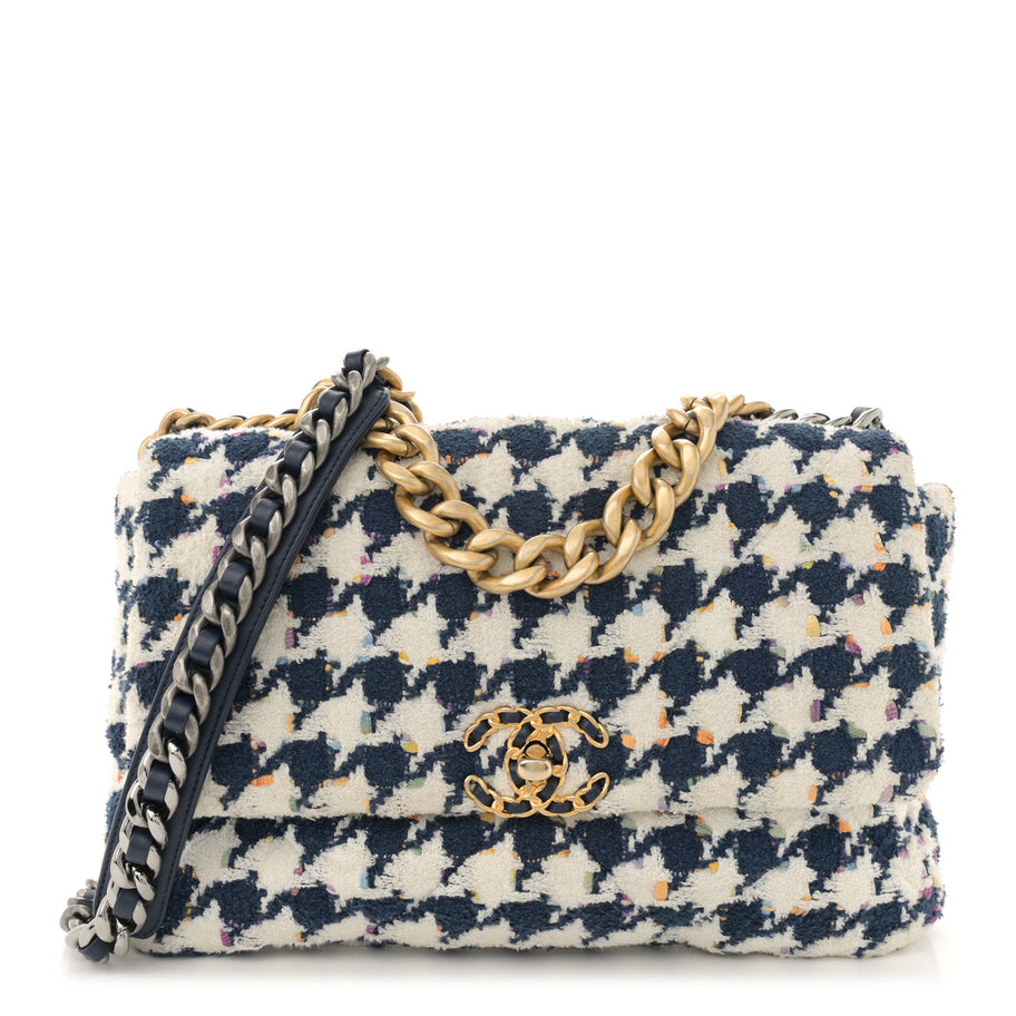 Chanel Tweed Quilted Medium 19 Flap Ecru Navy Blue Multicolor Image 1