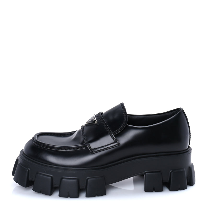  Prada Spazzolato Rois Metal Triangle Logo Mens Monolith 55mm Loafers 8 Black