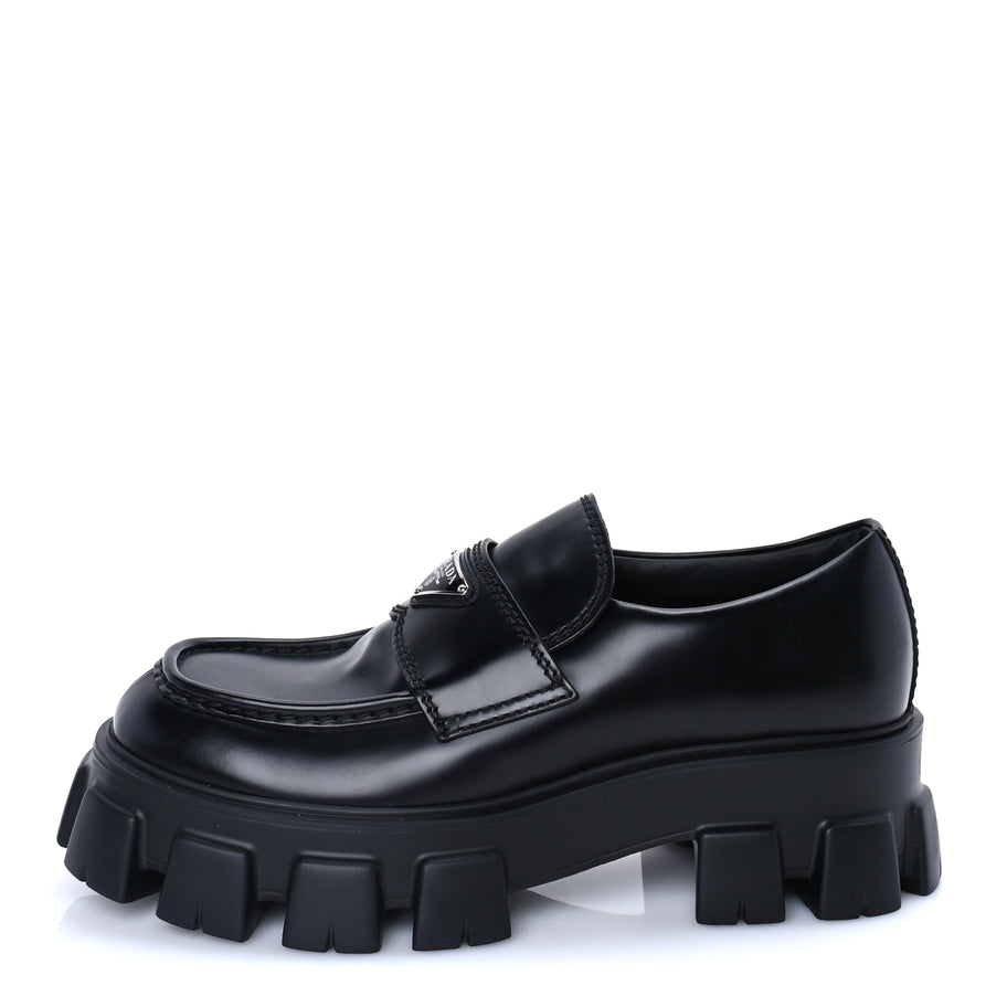 Prada Spazzolato Rois Metal Triangle Logo Mens Monolith 55mm Loafers 8 Black Image 1