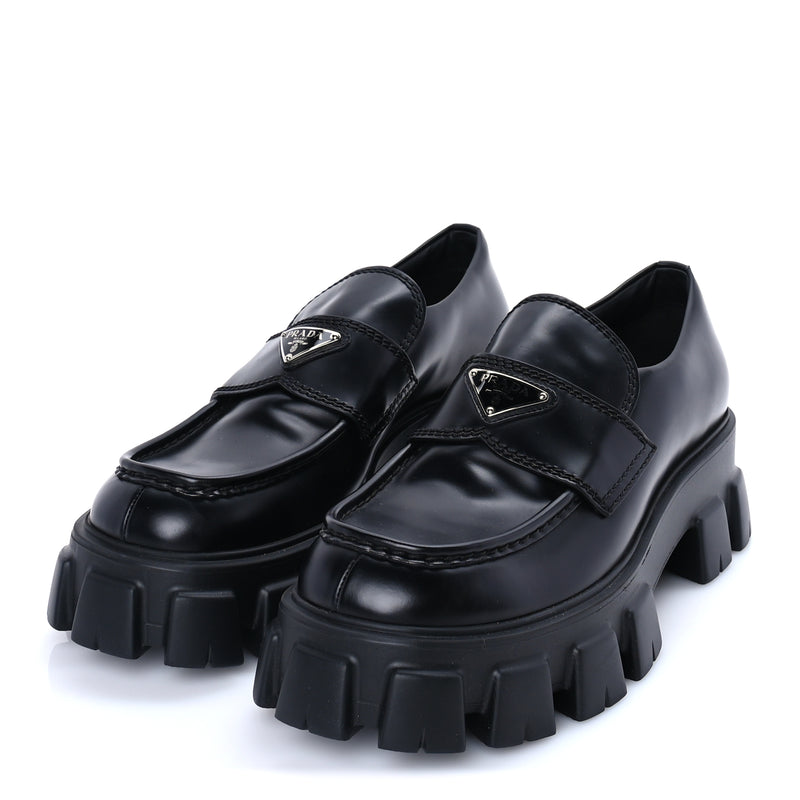 Prada Spazzolato Rois Metal Triangle Logo Mens Monolith 55mm Loafers 8 Black