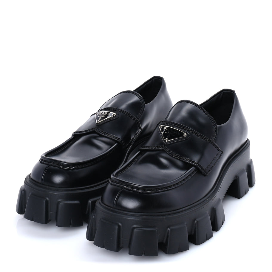 Prada Spazzolato Rois Metal Triangle Logo Mens Monolith 55mm Loafers 8 Black Image 2