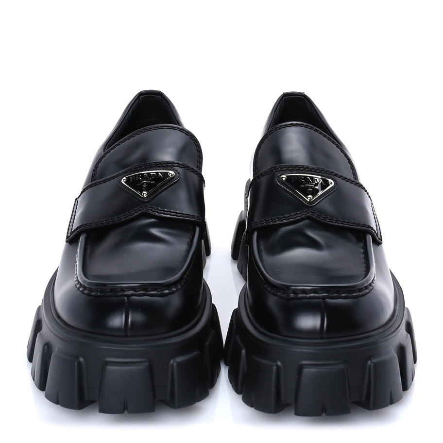 Prada Spazzolato Rois Metal Triangle Logo Mens Monolith 55mm Loafers 8 Black Image 3