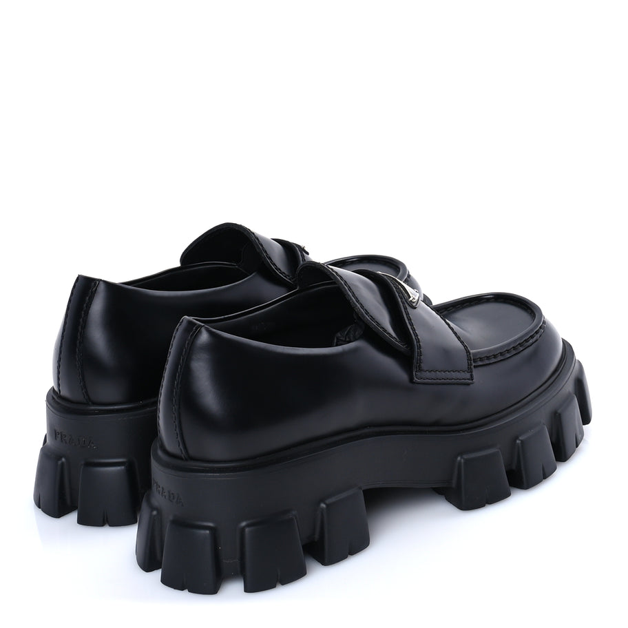 Prada Spazzolato Rois Metal Triangle Logo Mens Monolith 55mm Loafers 8 Black Image 4