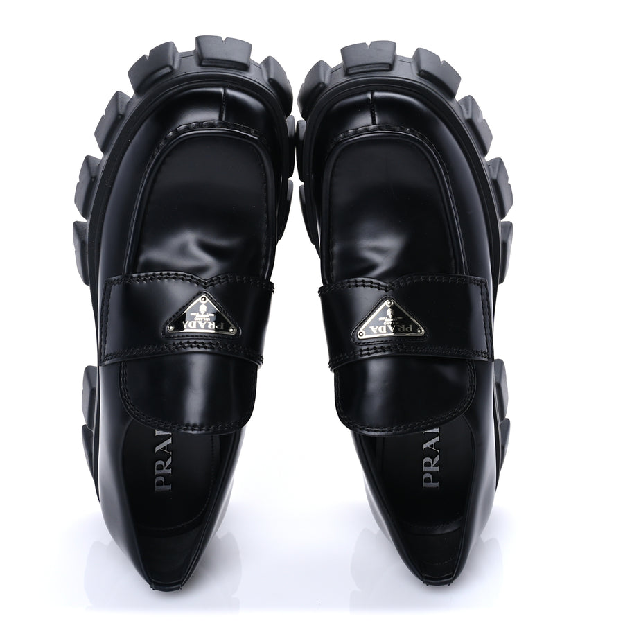 Prada Spazzolato Rois Metal Triangle Logo Mens Monolith 55mm Loafers 8 Black Image 5