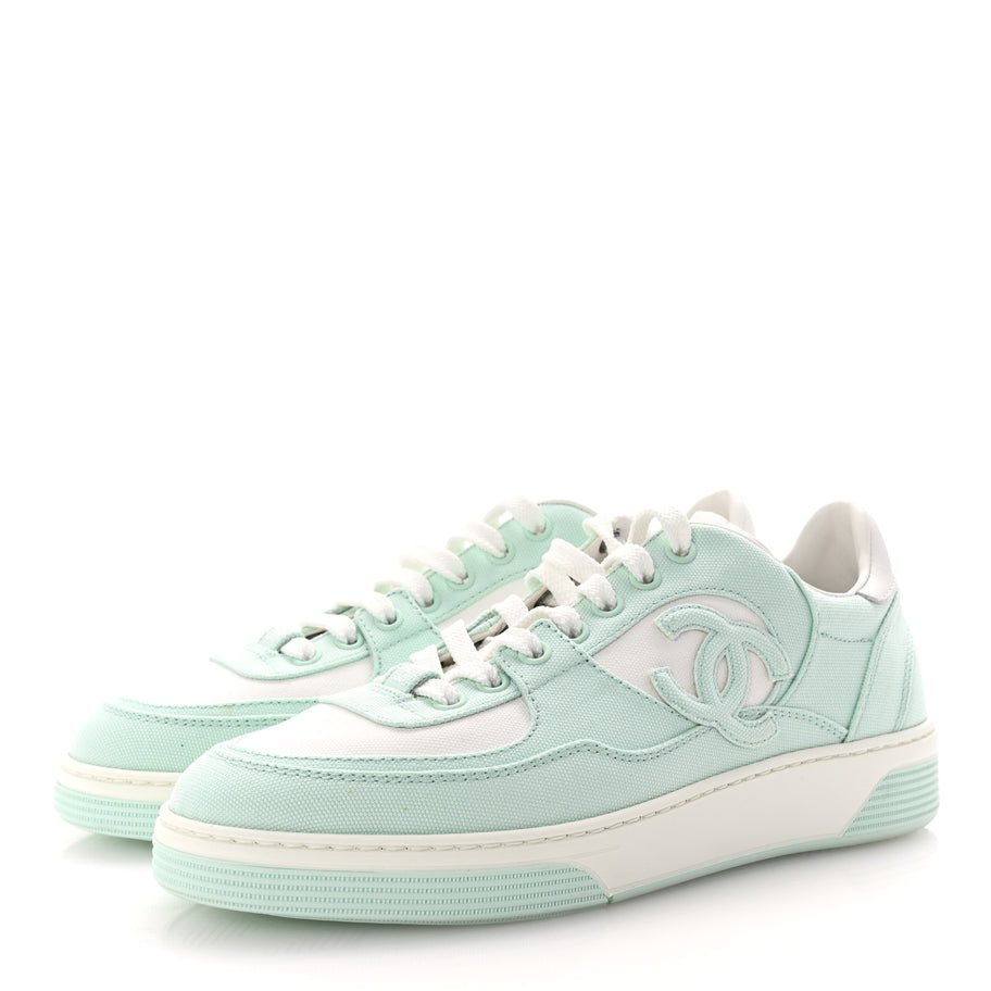 Chanel Cotton Sneakers 38.5 Light Turquoise White Image 4
