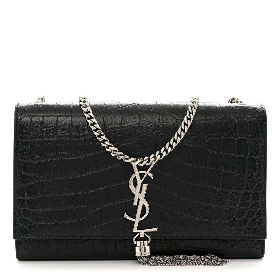 Saint Laurent Calfskin Crocodile Embossed Medium Classic Monogram Kate Tassel Satchel Black Image 1